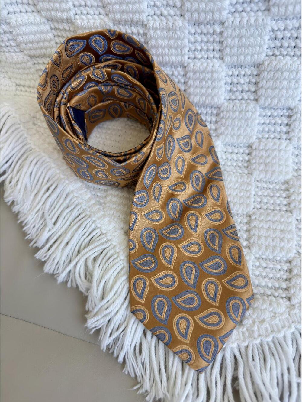 Charvet Silk Tie Gold Blue Paisley Jacquard Made in France 60"